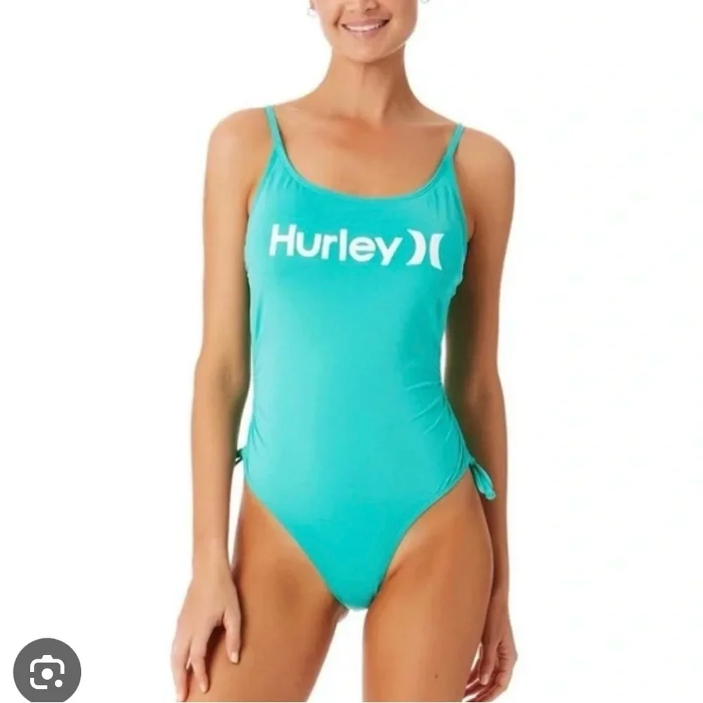Hurley Optimism logo green ruched one piece swimsuit - Picture 1 of 9